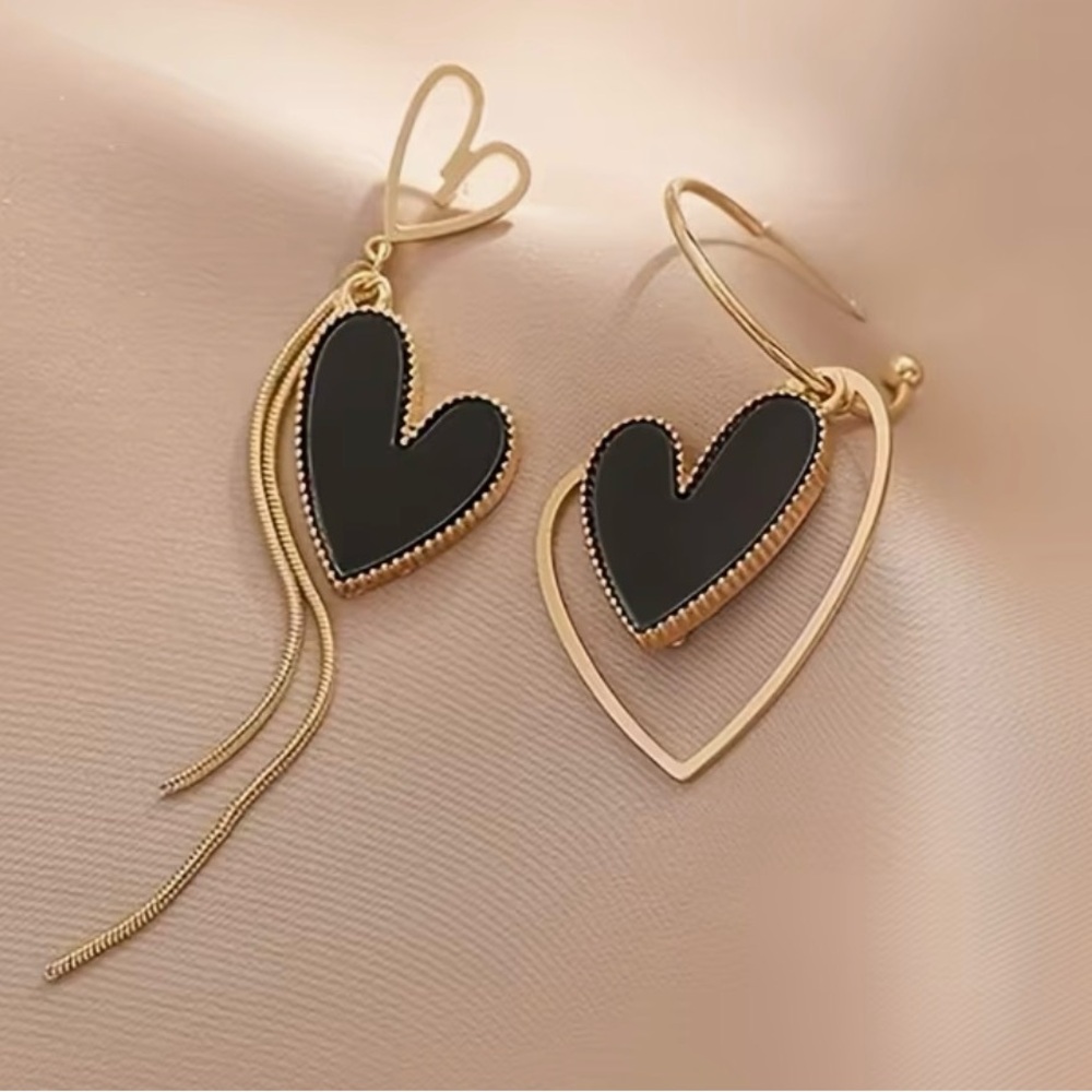 Gold Heart Drop Earrings with Black Enamel Hearts